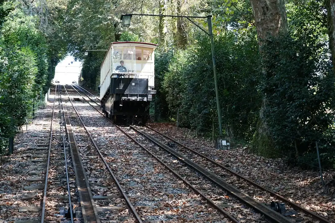 A funicular car climbing its wooded track between the two stations